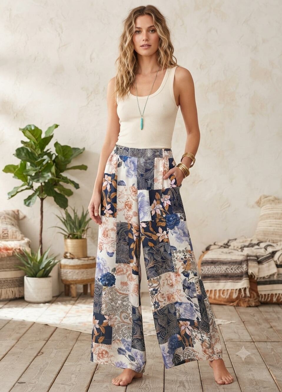 Jade by Johnny Was 100% Silk Wide Leg Pants Women's Size S Floral Patchwork Boho